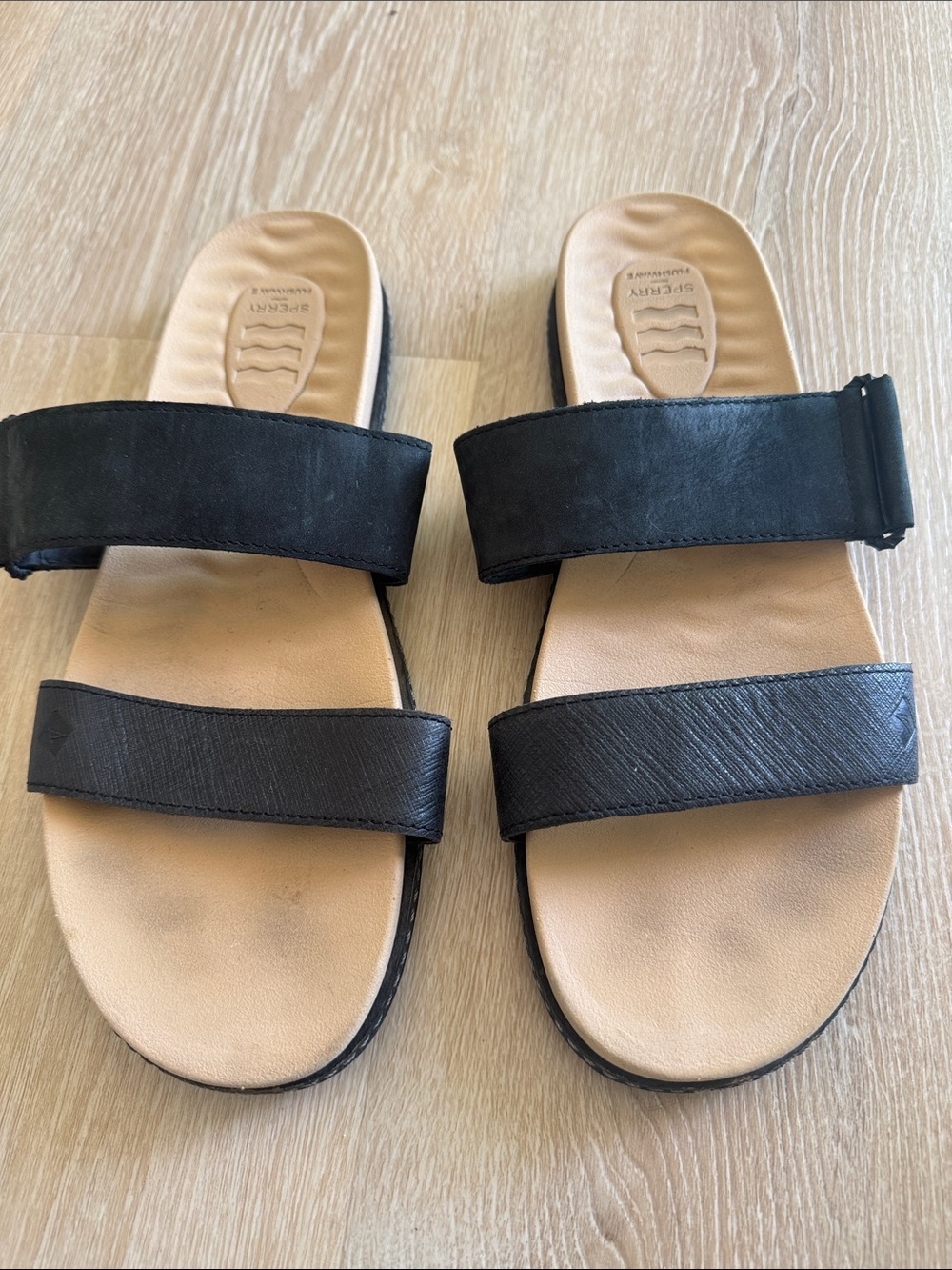 Sperry Black Strappy Slide Sandals with Tan Footbed